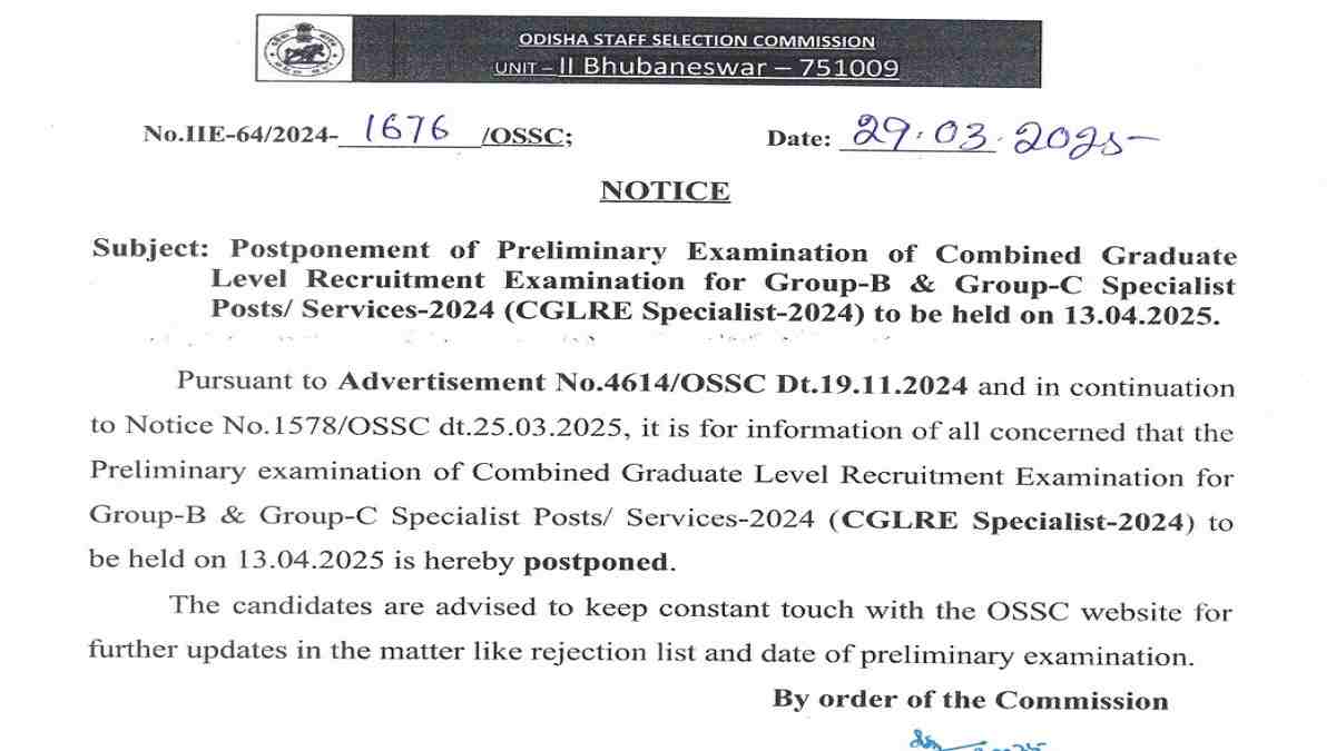 OSSC CGL Specialist Prelims Exam 2025 Postponed, Check Official Notice at ossc.gov.in 