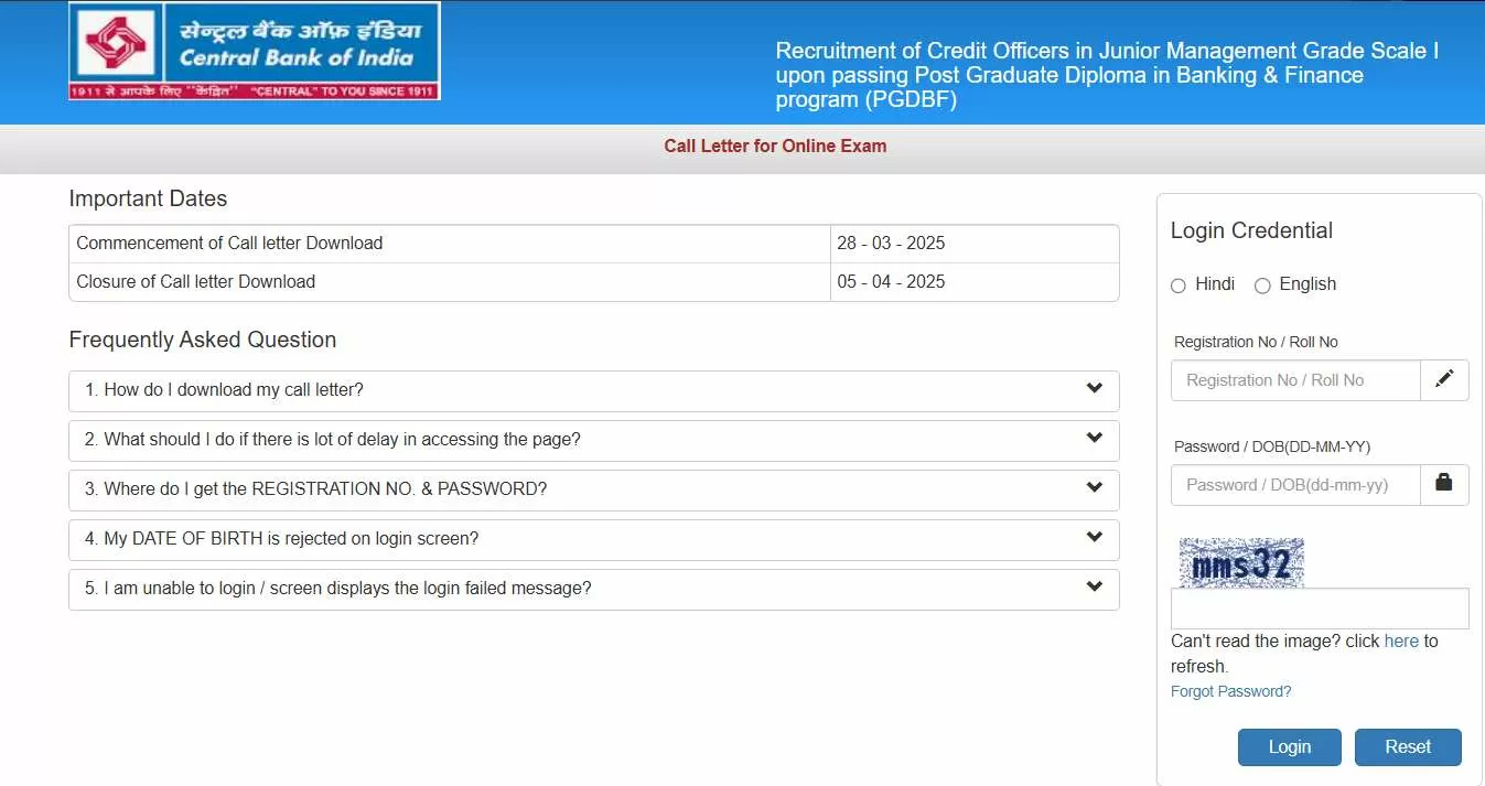 Central Bank of India Credit Officer Admit Card 2025 OUT