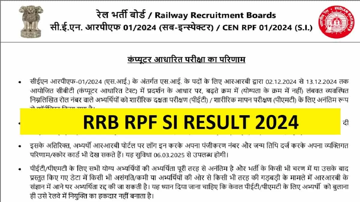 RPF SI RESULT 2025 Download PDF
