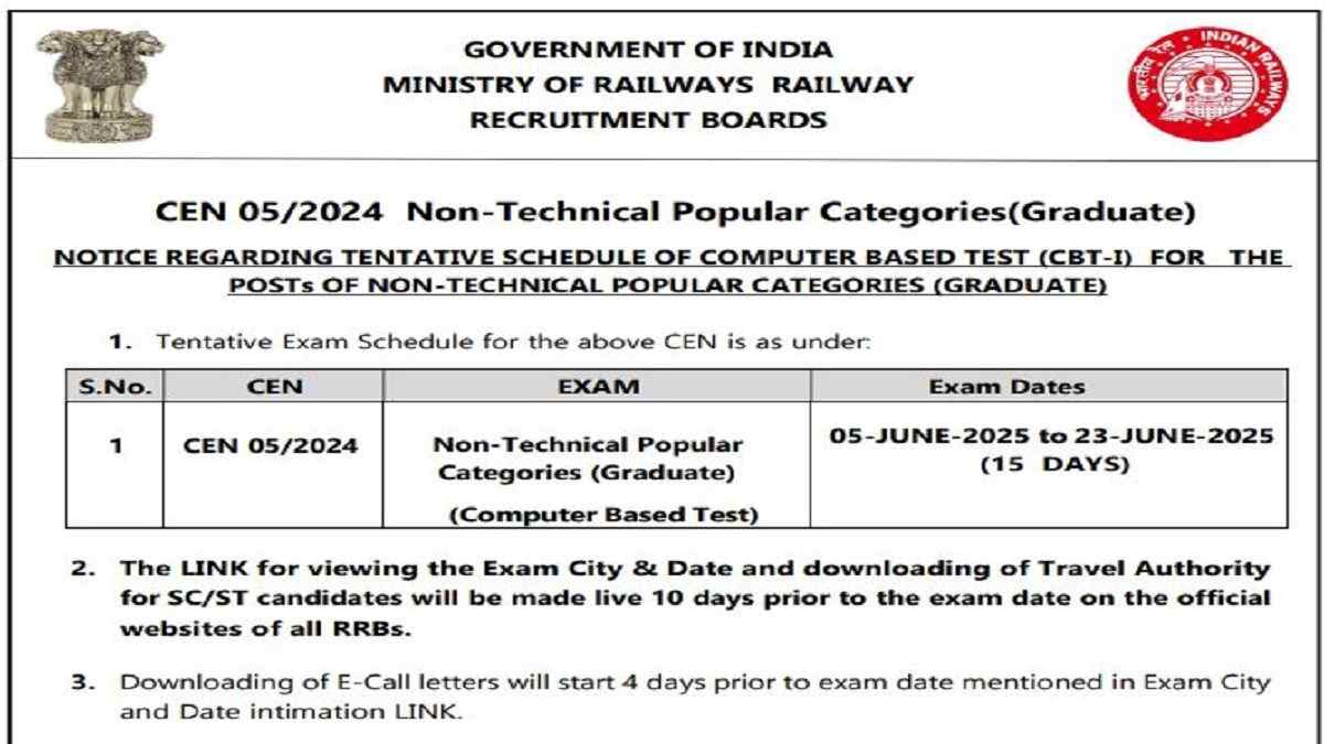 RRB NTPC Revised Exam Date 2025 OUT: Check Exam Full Schedule and Admit Card Details Here
