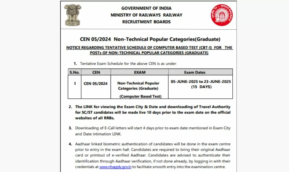 RRB NTPC 2025 Exam Date Out