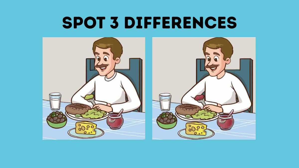 Can you spot 3 differences in the man eating meal pictures in 25 seconds?
