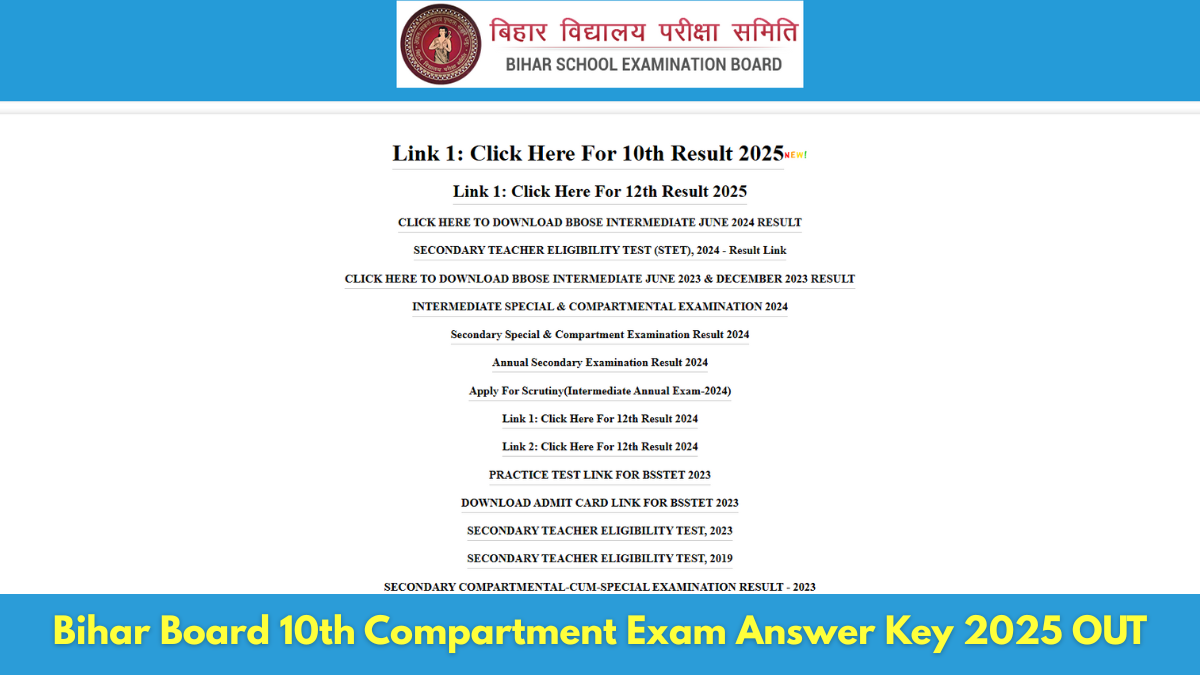 Bihar Board 10th Compartment Exam Answer Key 2025 OUT at results.biharboardonline.com, Check Steps to Download Answer Key PDF Here