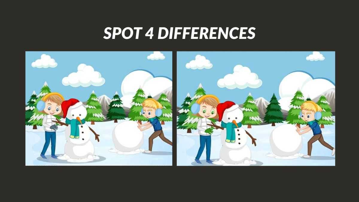 Spot 4 differences in the kids playing with snowman pictures in 23 seconds!