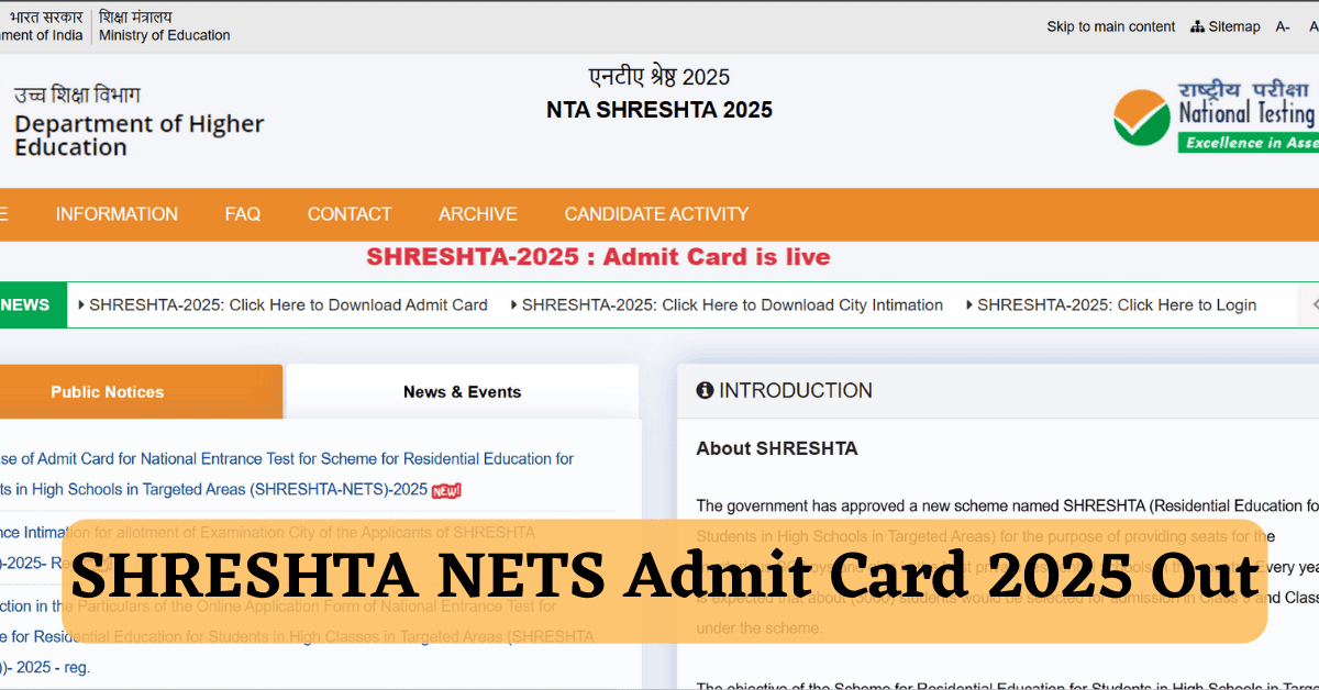 SHRESHTA NETS Admit Card 2025 Released at exams.nta.ac.in/SHRESHTA