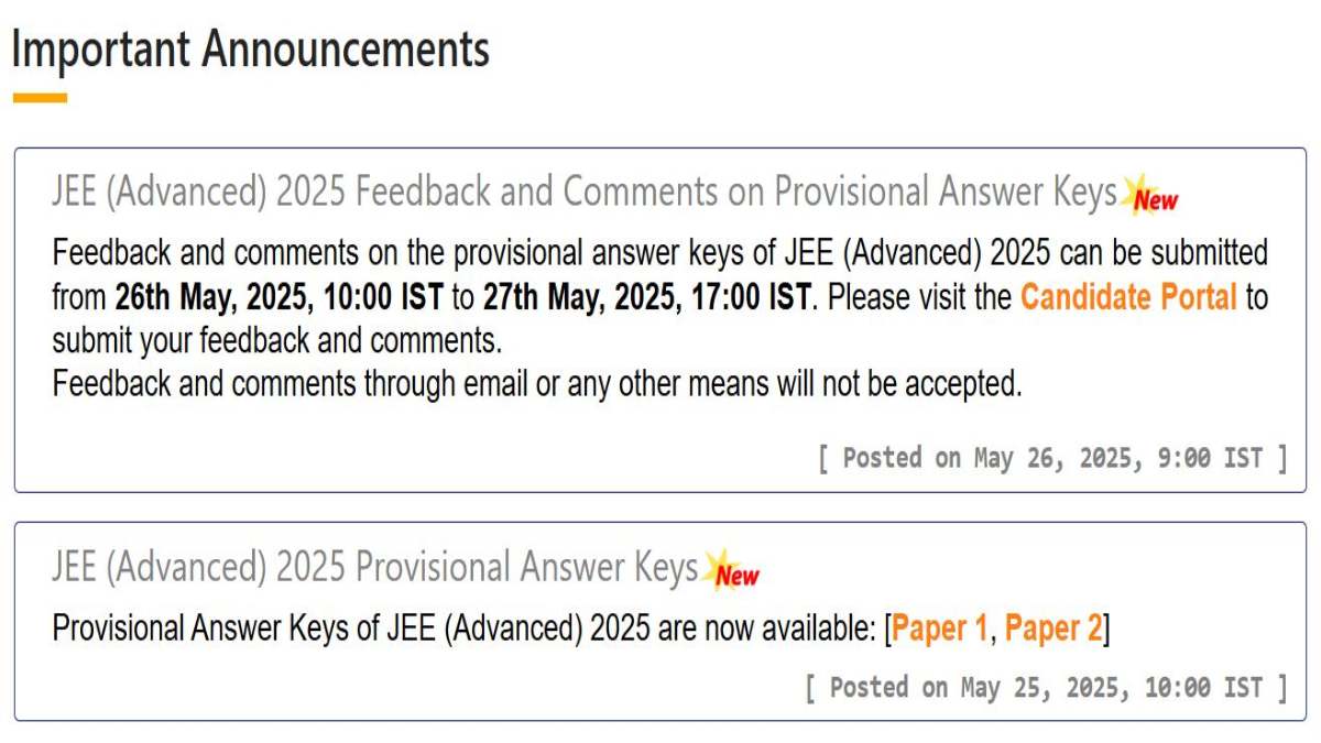 JEE Advanced Answer Key 2025 Out at jeeadv.ac.in: Download Paper 1 and 2 Answer Key and Raise Objections till May 27