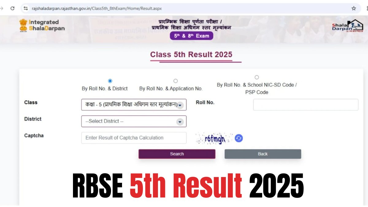 (रोल नंबर) RBSE 5th Result 2025 Roll Number and Name-wise: Download Shala Darpan Class 5 Marksheet Online at rajresults.nic.in