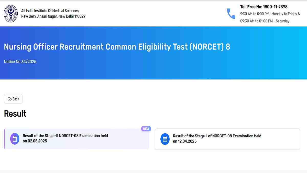 AIIMS NORCET 8 Stage 2 Result 2025 OUT at aiimsexams.ac.in, Download Merit List PDF Direct Link Here, File Your Choice from May 10