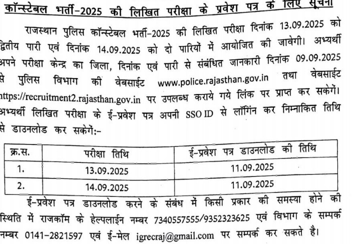 Rajasthan Police Constable admit card notice