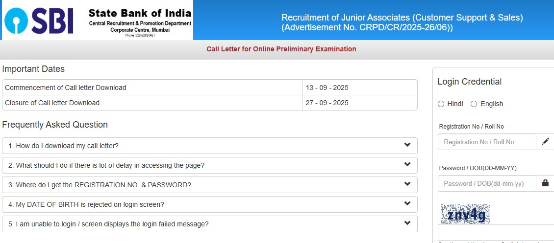 Here is a screenshot of the SBI Clerk admit card for Prelims 