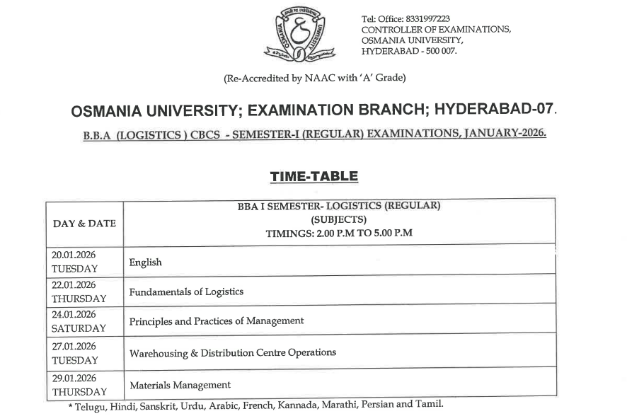 Osmania University, Hyderabad, has released the exam timetable for Semester 1 January 2026.