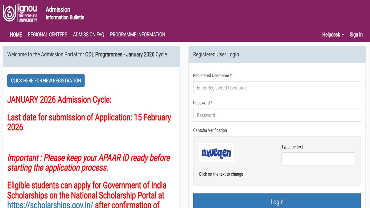 IGNOU January 2026 Registration for Online and ODL Programmes Extended