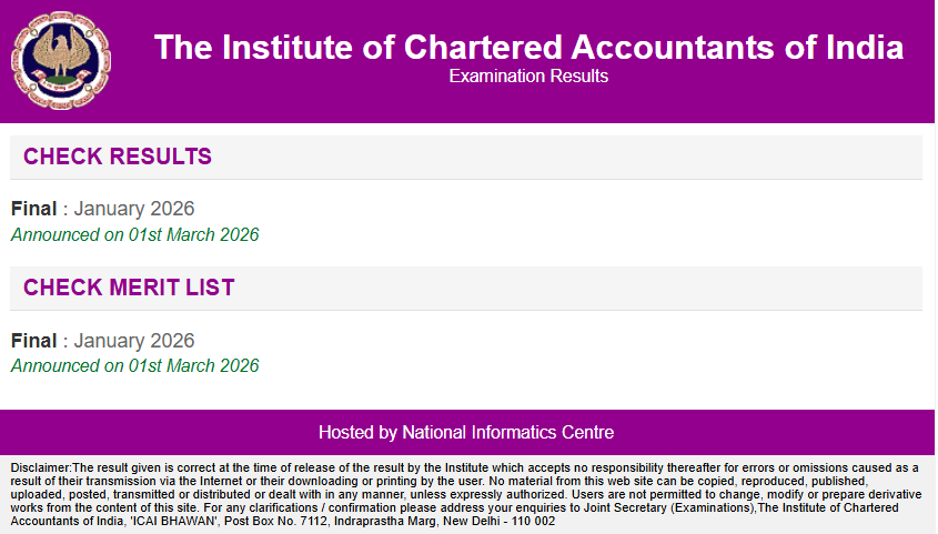 ICAI CA Final January Session Examination Results released today, March 1, 2026.