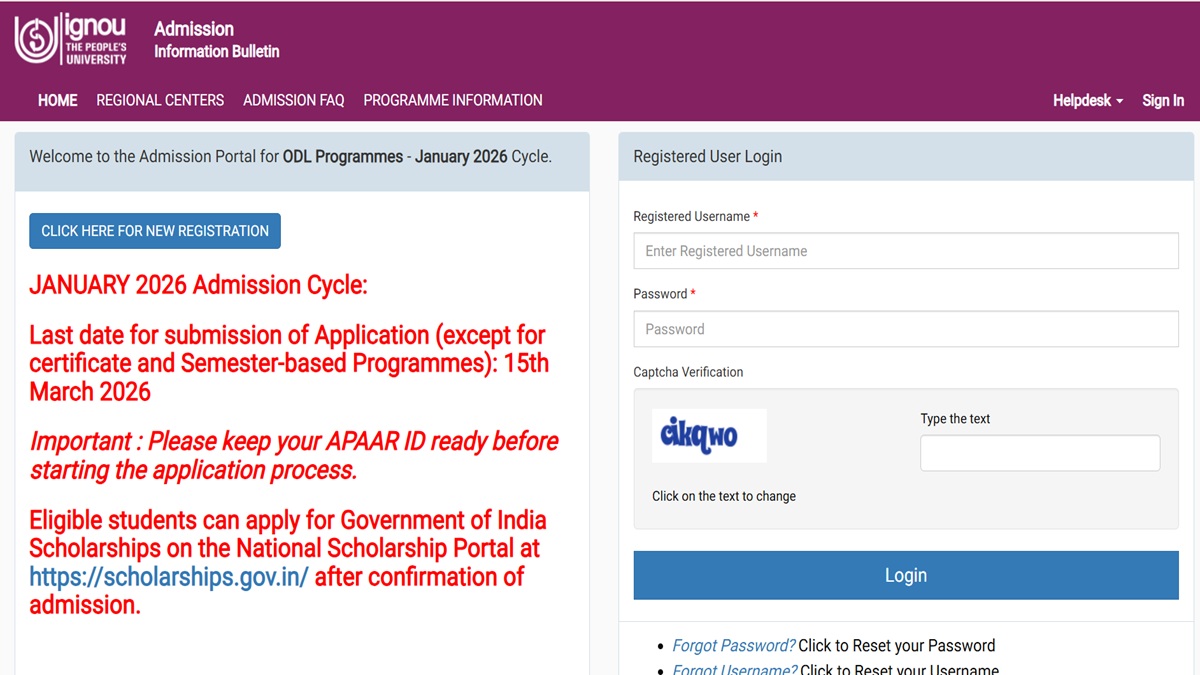 IGNOU Jan 2026 Registration, Re-Registration Deadline Extended to March 15