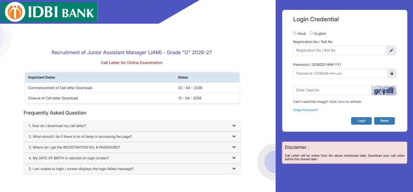 IDBI Bank JAM Admit Card 2026: आईडीबीआई बैंक जूनियर असिस्टेंट मैनेजर एडमिट कार्ड जारी, इस लिंक से करें डाउनलोड
