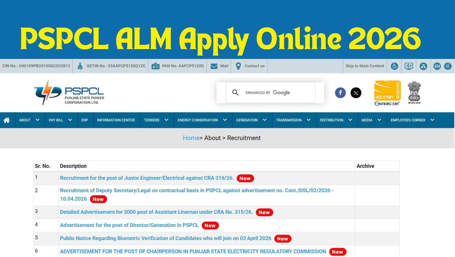 PSPCL ALM Recruitment 2026: Apply Online for 3000 Assistant Lineman Posts at pspcl.in
