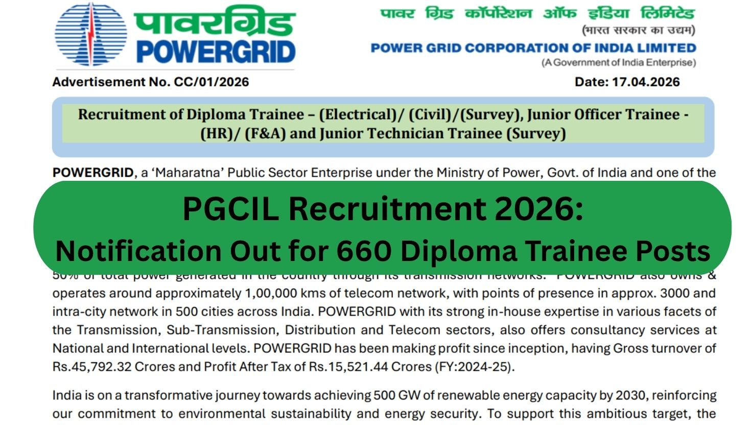 PGCIL Opens 660 Non‑Executive Vacancies; Applications Start April 20