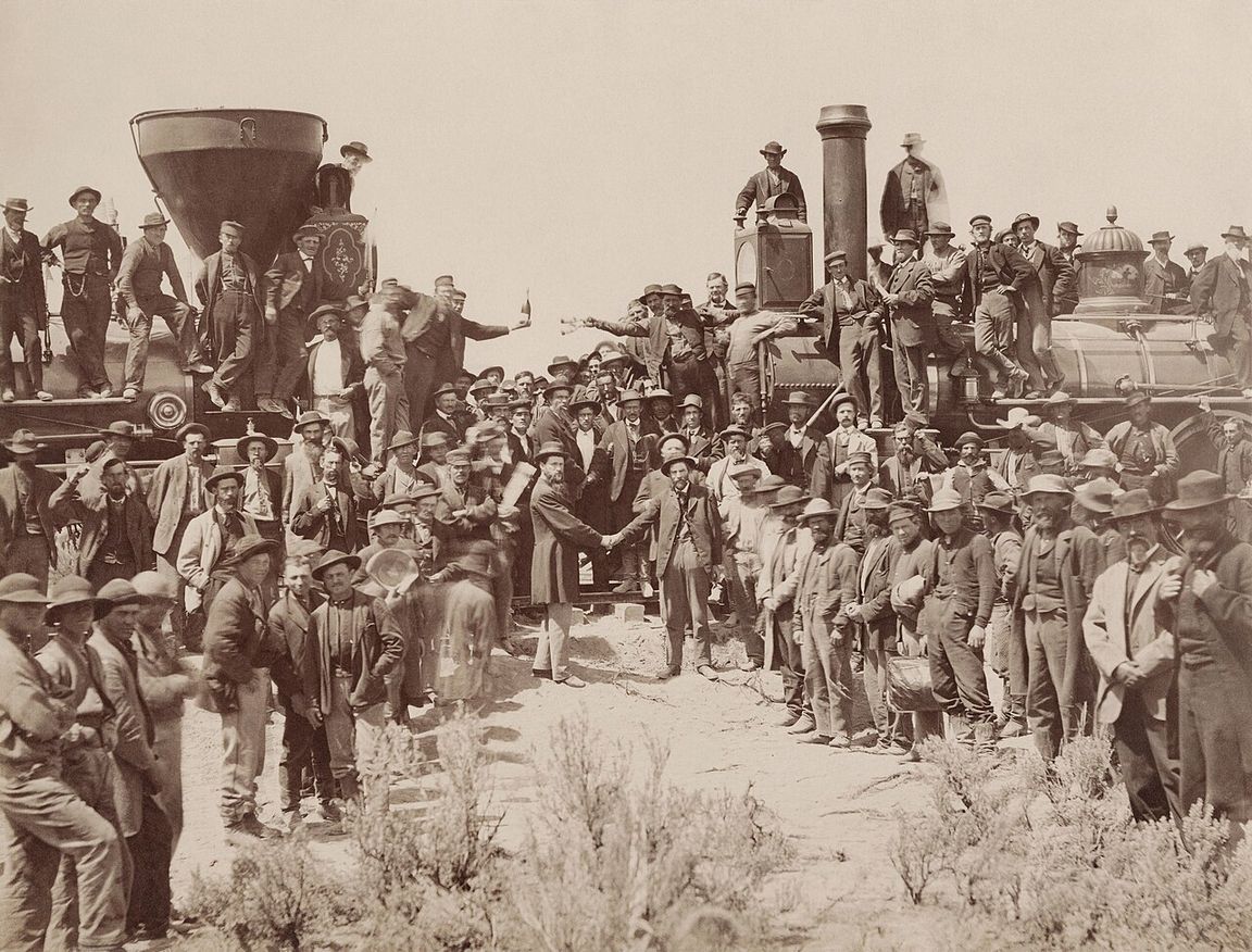 Workers finish the First Transcontinental Railroad in the United States (1869)