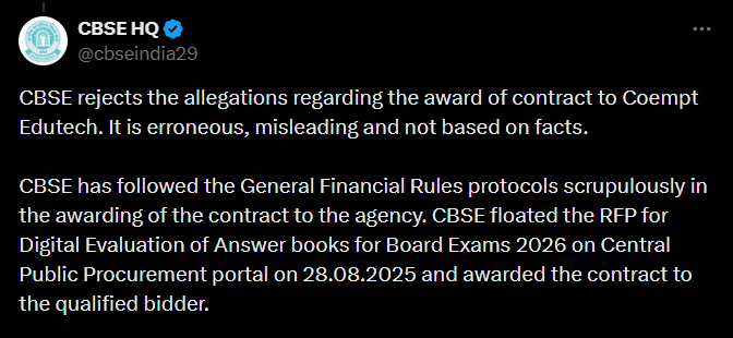 CBSE Rejects Allegations Regarding the Award of Contract to Coempt Eduteck Amid Revaluation Portal Controversy