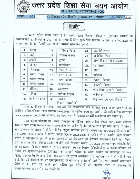UPHESC Assistant Professor Result 2026 Out
