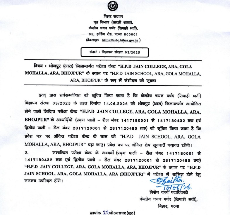CSBC Bihar Constable Exam Centre Notice 2026