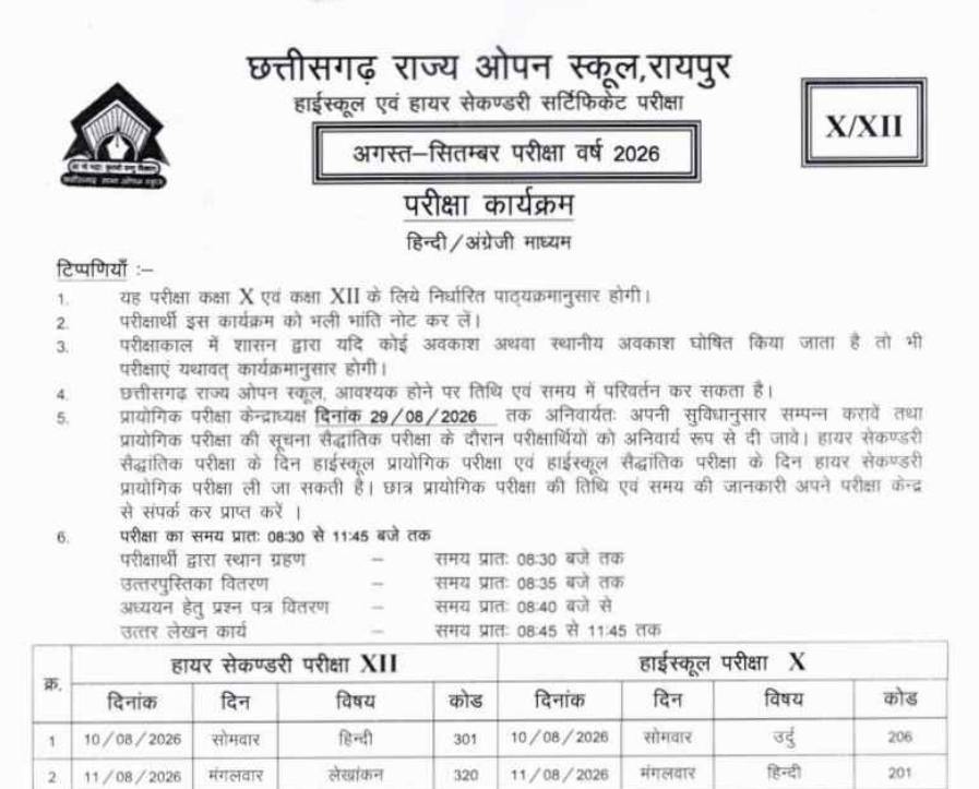 CGSOS Time Table 2026: छत्तीसगढ़ ओपन स्कूल 10th और 12th एग्जाम डेट्स जारी, sos.cg.nic.in से जानें कब से शुरू होंगे एग्जाम