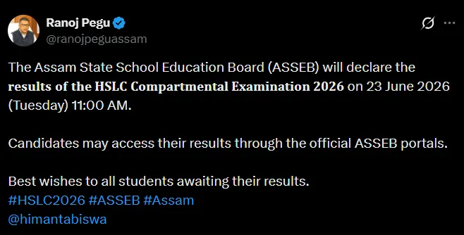 Assam HSLC Compartmental Result 2026 OUT at sebaonline.org; Check Details Here