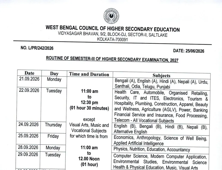 WB HS Semester 3 Datesheet 2027 OUT at wbchse.wb.gov.in; Complete Exam Schedule Here