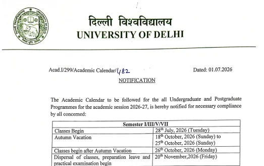 DU Academic Calendar 2026-27 Released For UG, PG Classes Starts July 28; Check Full Schedule Here