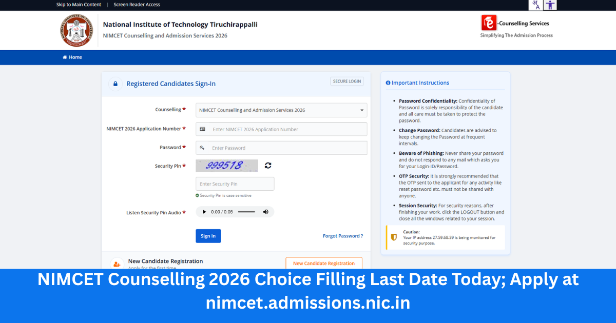 NIMCET Counselling 2026 Choice Filling Last Date Today; Apply at nimcet.admissions.nic.in