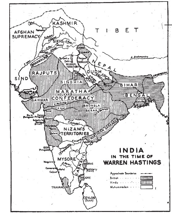 india map at warren hasting time