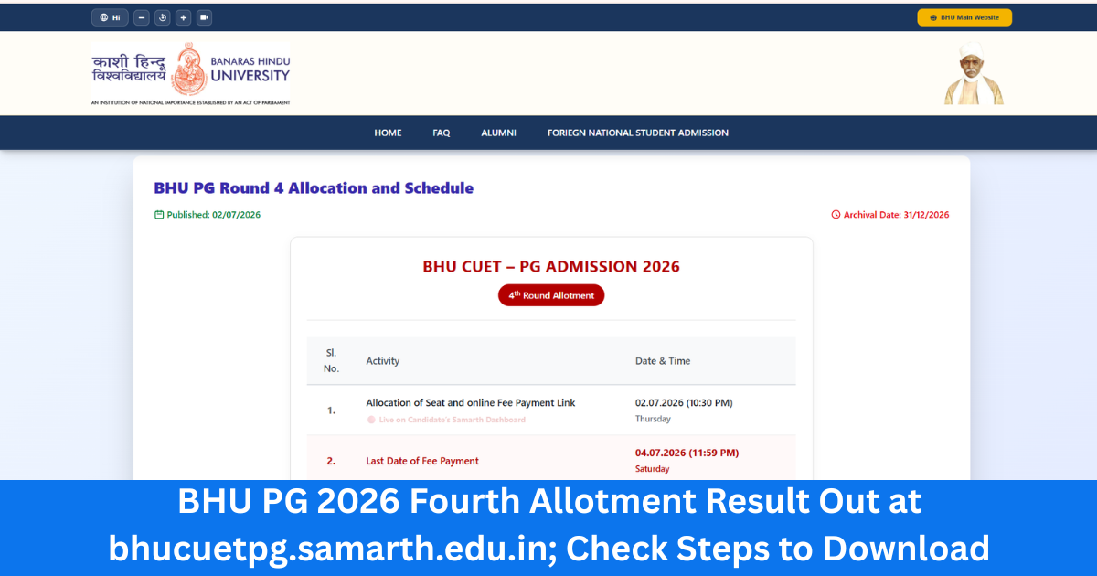 BHU PG 2026 Fourth Allotment Result Out at bhucuetpg.samarth.edu.in; Check Steps to Download