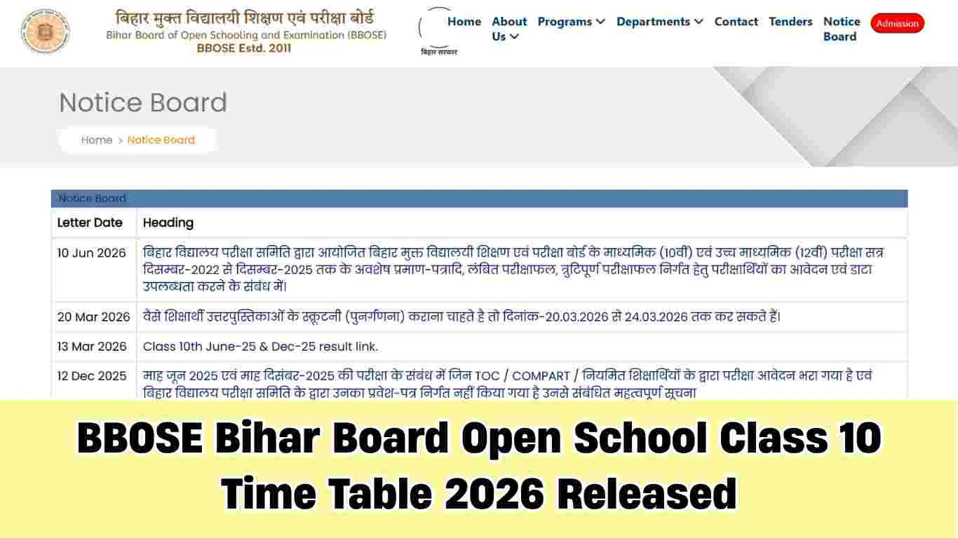 BBOSE Bihar Board Open School Class 10 Time Table 2026 Released: Check Theory & Practical Exam Schedule Here