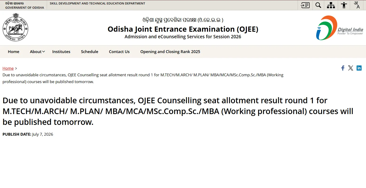OJEE Counselling 2026: Round 1 Seat Allotment Result Delayed