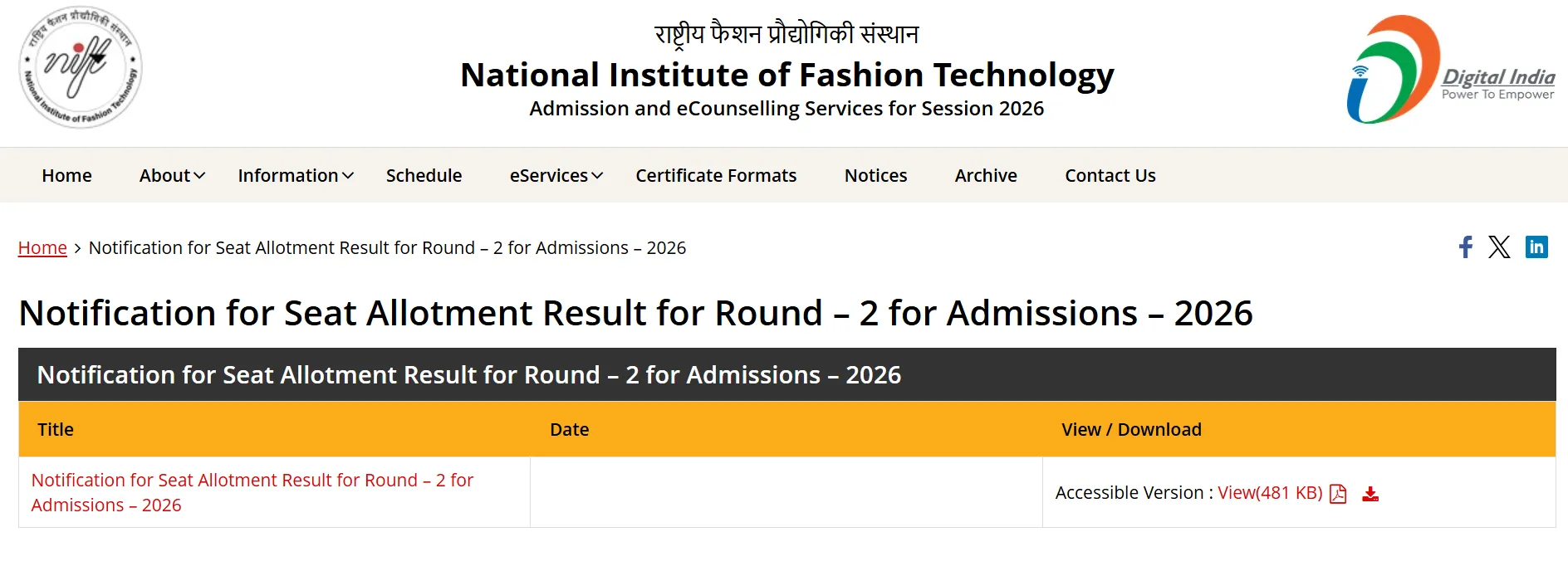 NIFT Round 2 Seat Allotment Result 2026 Out at nift.admissions.nic.in; Admission Fee Payment, Withdrawal Deadline on July 9
