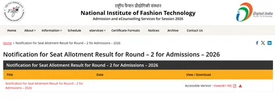 NIFT Round 2 Seat Allotment Result 2026 Out at nift.admissions.nic.in; Admission Fee Payment, Withdrawal Deadline on July 9 NIFT Round 2 Seat Allotment Result 2026 Out at nift.admissions.nic.in; Admission Fee Payment, Withdrawal Deadline on July 9