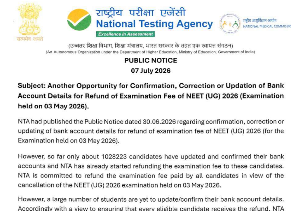 NEET UG May 3 Exam Fee Refund Window Extended By NTA, Submit Bank Details By July 14
