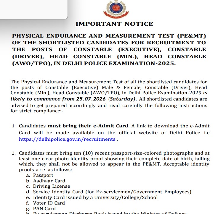 Delhi Police Constable PE&MT Notice 2026