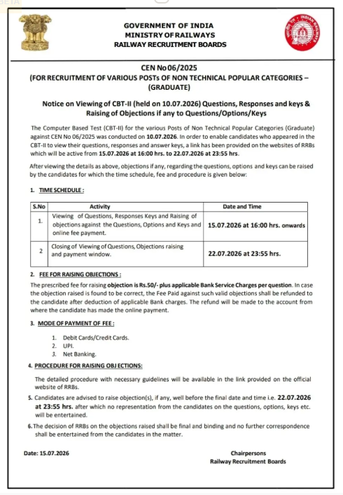 RRB NTPC Graduate CBT 2 Answer Key 2026