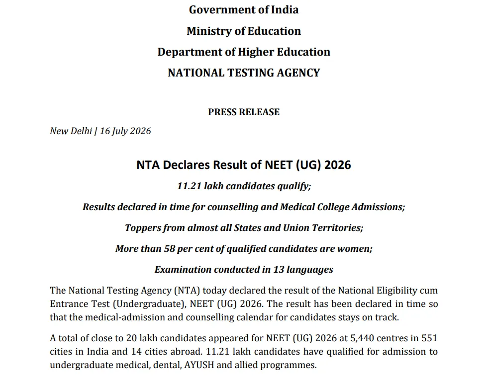 RE-NEET UG Result 2026 Declared: NEET Toppers List Out, Check Marks & Category-Wise Percentile