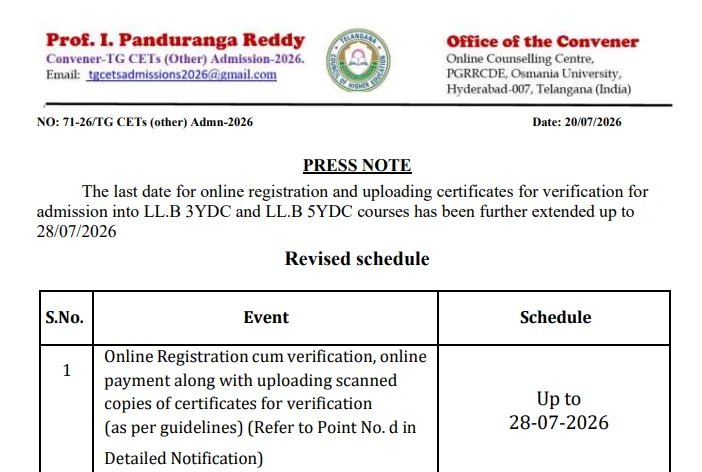 TS LAWCET Counselling 2026: Registration Deadline Extended till July 28 for 3-Year and 5-Year LLB Admissions; Check Revised Schedule Here