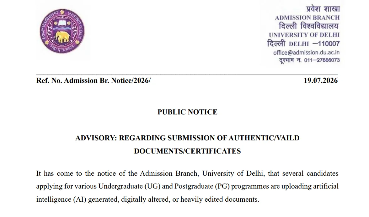 DU To Take Legal Action Against Fake AI-Generated Documents Submitted During UG Admissions 2026