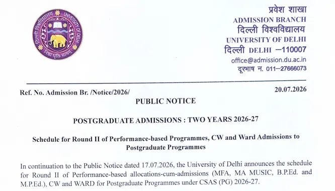 DU PG 2026: Schedule Released for Round 2 of Performance-based Programmes, CW and Ward Admissions