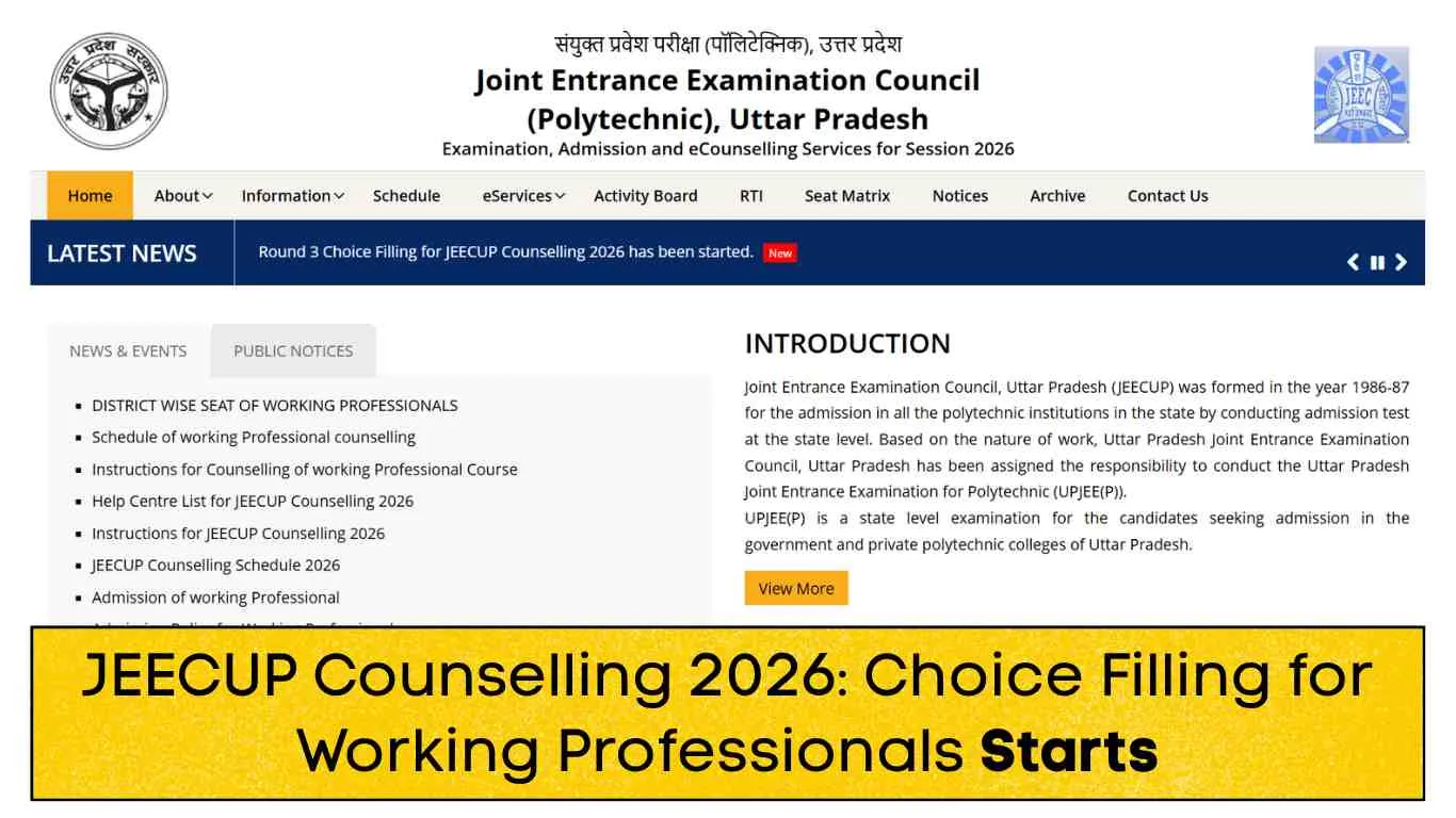 JEECUP Counselling 2026: Choice Filling for Working Professionals Starts July 23 at jeecup.admissions.nic.in