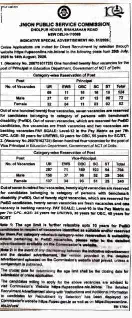 UPSC Principal & Vice Principal Recruitment Short Notice 2026