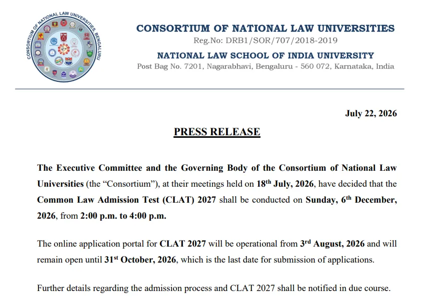CLAT 2027 Date Released, Exam on December 6, Applications Begin on August 3 at consortiumofnlus.ac.in
