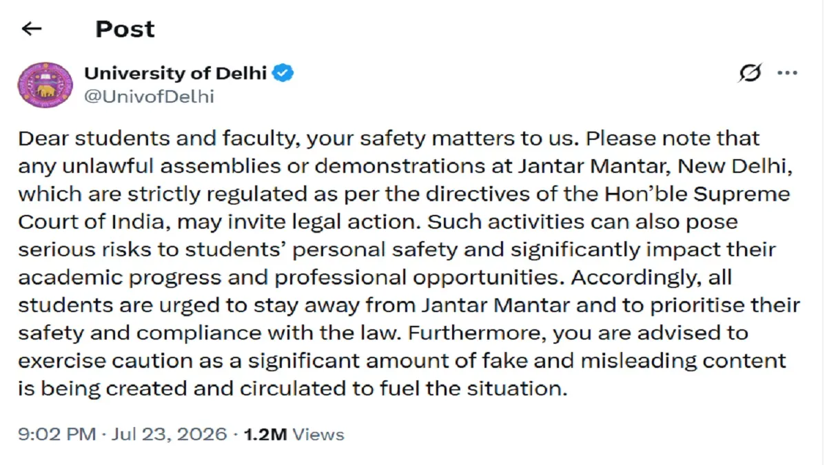 Delhi University Warns Students and Faculty Against ‘Unlawful Assemblies
