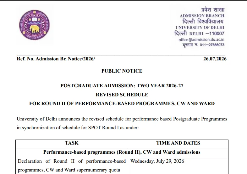 DU PG Admission 2026: Revised Schedule Released for Round 2 of Performance-based Programmes, CW and Ward Quota