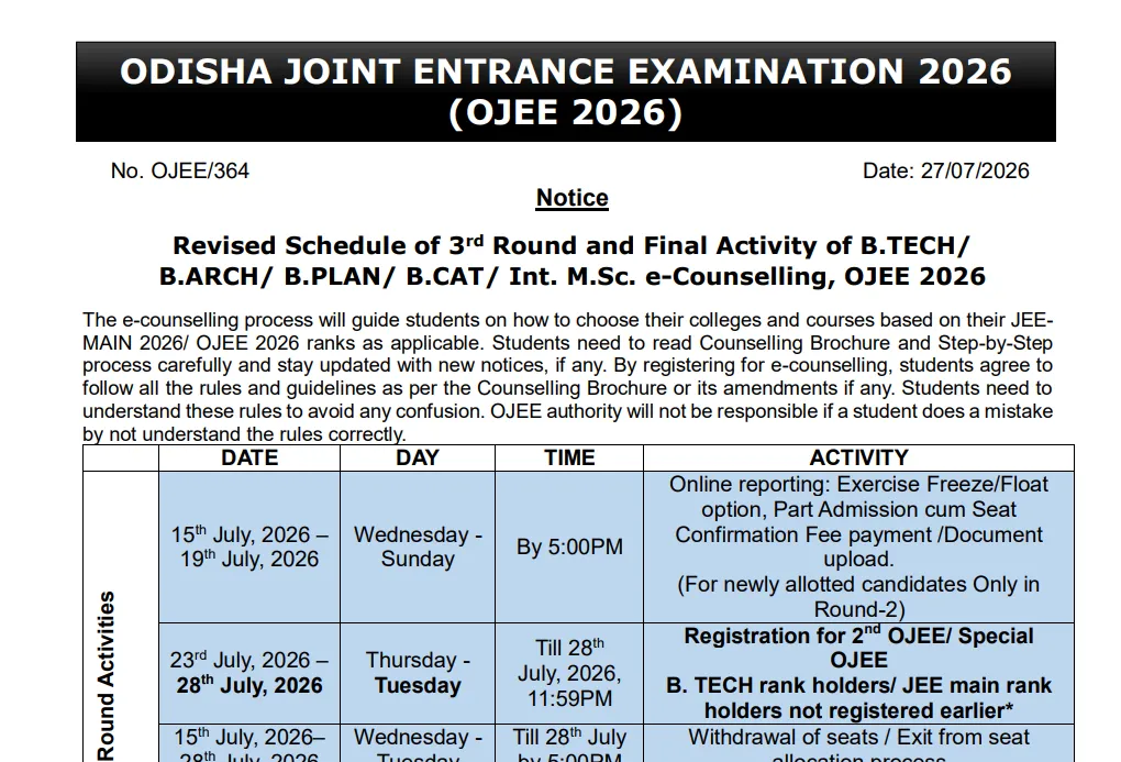 OJEE 2026 Revised Counselling Schedule Out; Round 3 Final Seat Allotment on August 1 for BTech, BArch, BPlan & More
