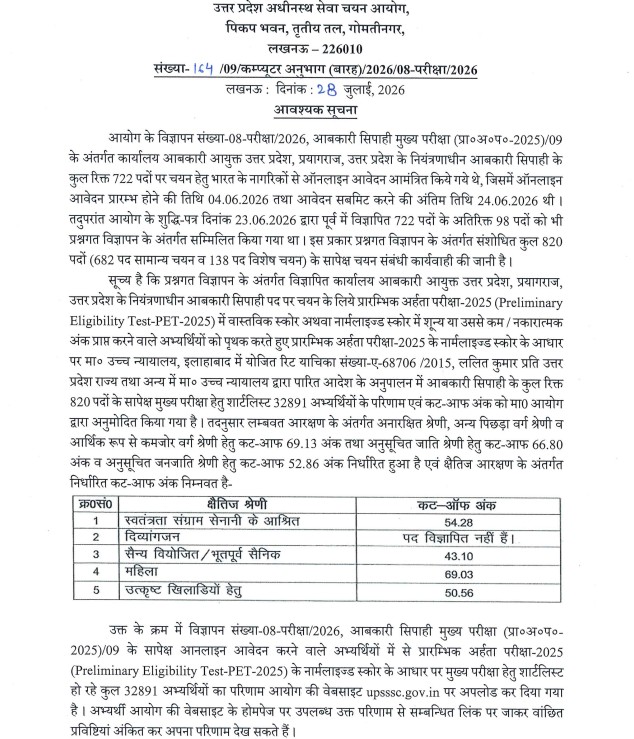 UPSSSC Excise Constable Notice 2026